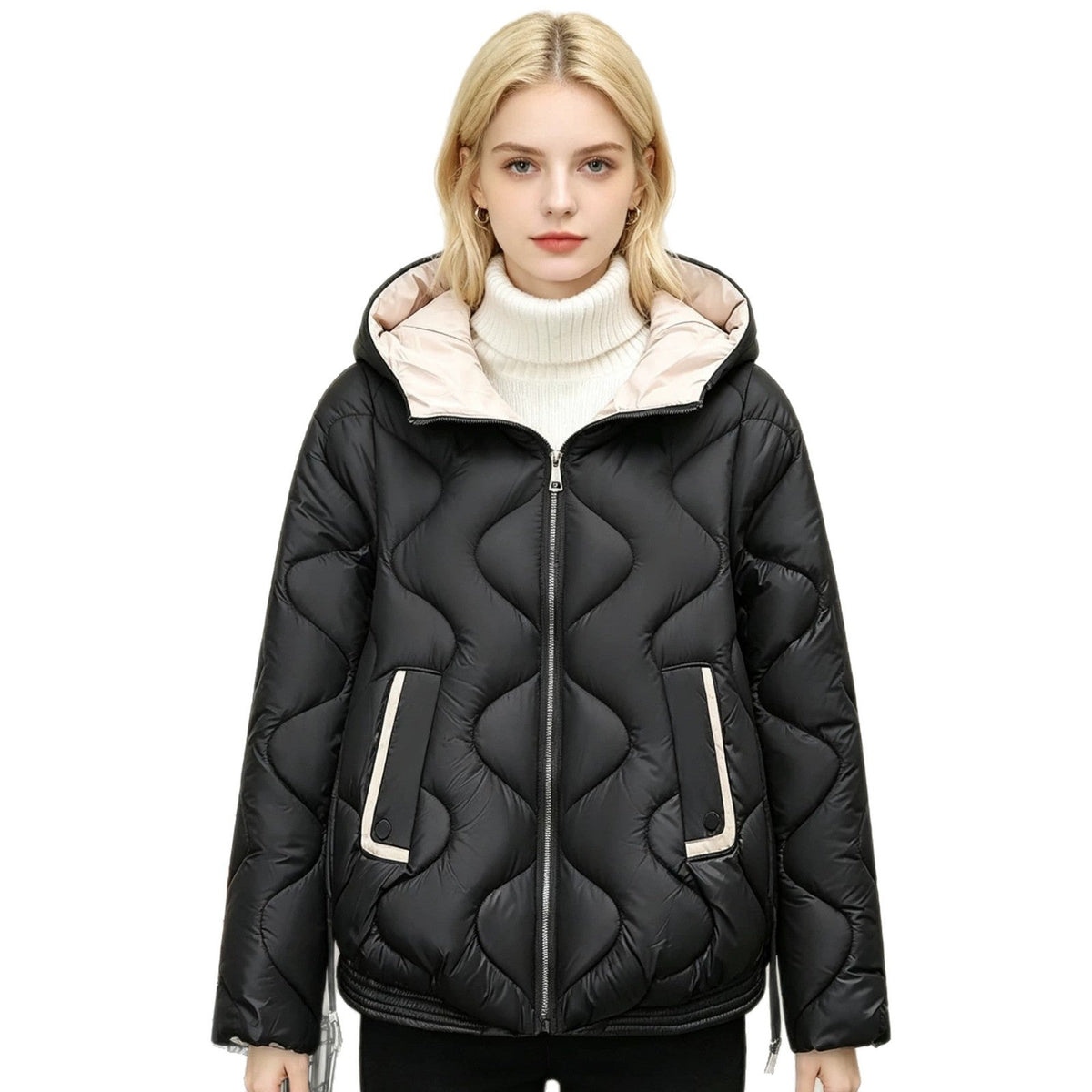 Kurze Steppjacke für Damen mit Herz-Steppung und angesetzter Kapuze