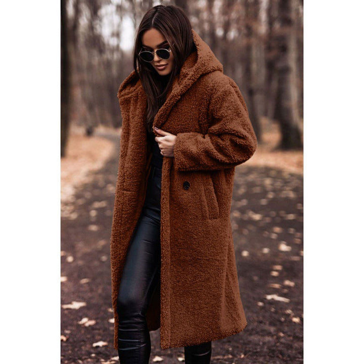 Women's Hooded Teddy Coat with Oversized Buttons