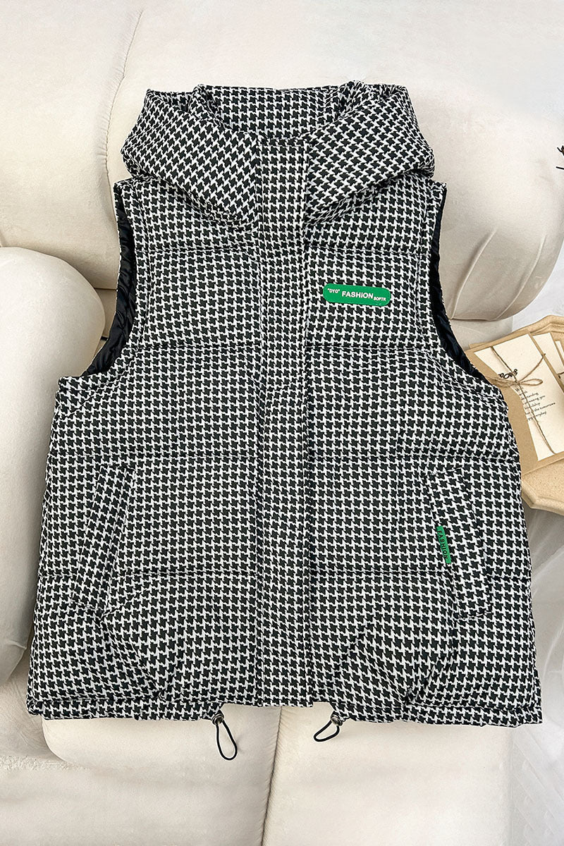 Women's Quilted Hooded Vest with Logo Print and Adjustable Hem
