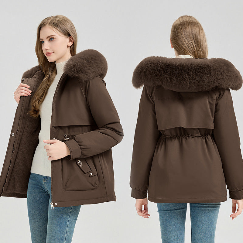 Women's Short Coat with Faux Fur Hood and Adjustable Drawstring
