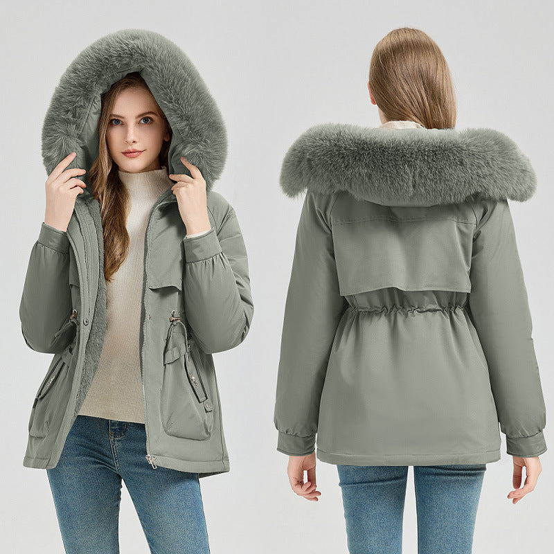 Women's Short Coat with Faux Fur Hood and Adjustable Drawstring