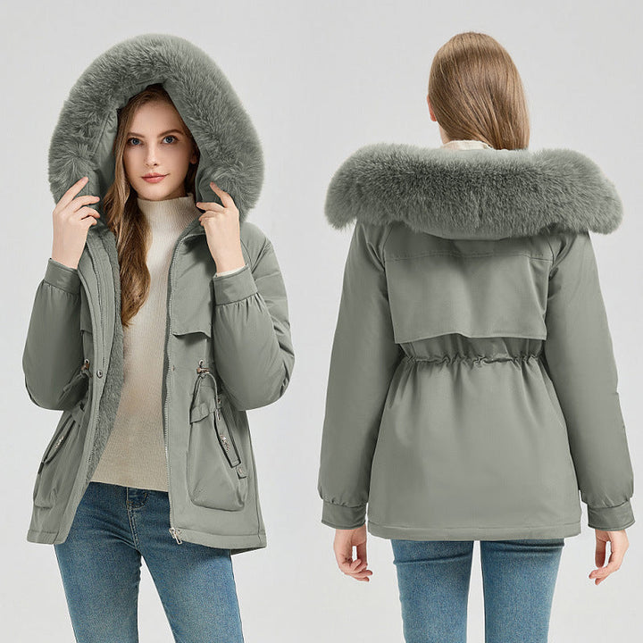 Women's Short Coat with Faux Fur Hood and Adjustable Drawstring