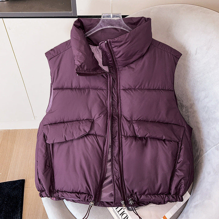 Women's Insulated Padded Gilet with Stand-Up Collar and Drawstring Hem