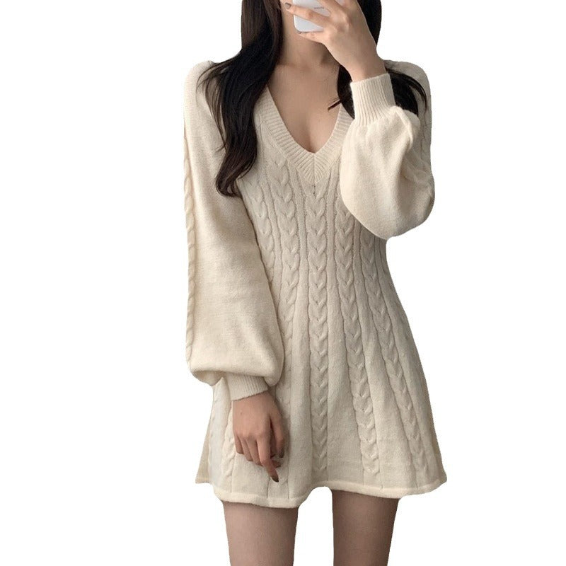 Robe-pull à manches longues en maille torsadée et à col en V pour femme
