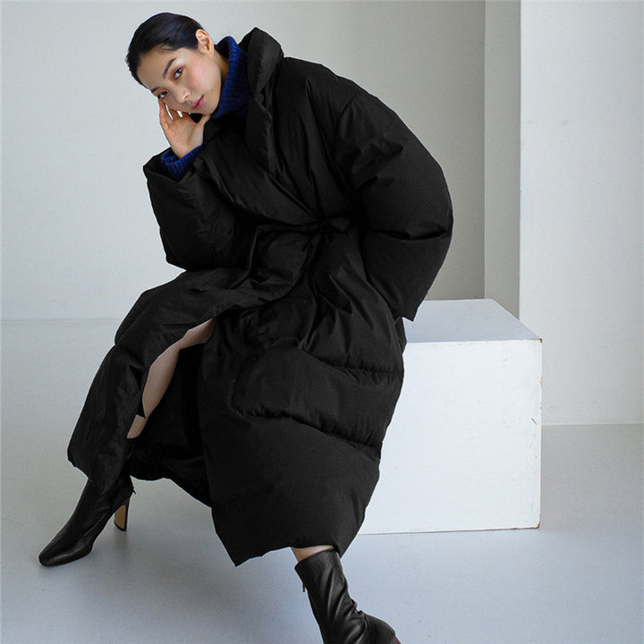 Women's Maxi Quilted Coat with Stand-Up Collar and Windproof Padding