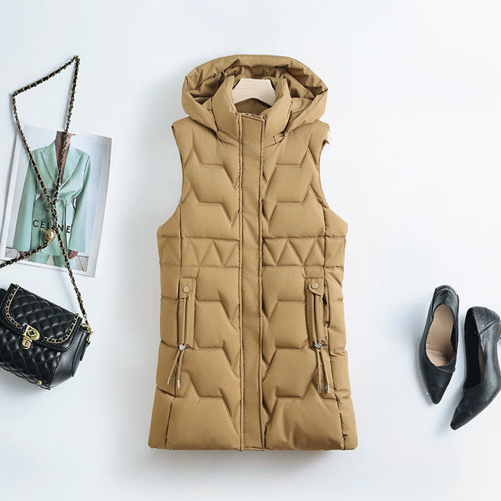 Women's Hooded Long Quilted Vest with Adjustable Drawstrings