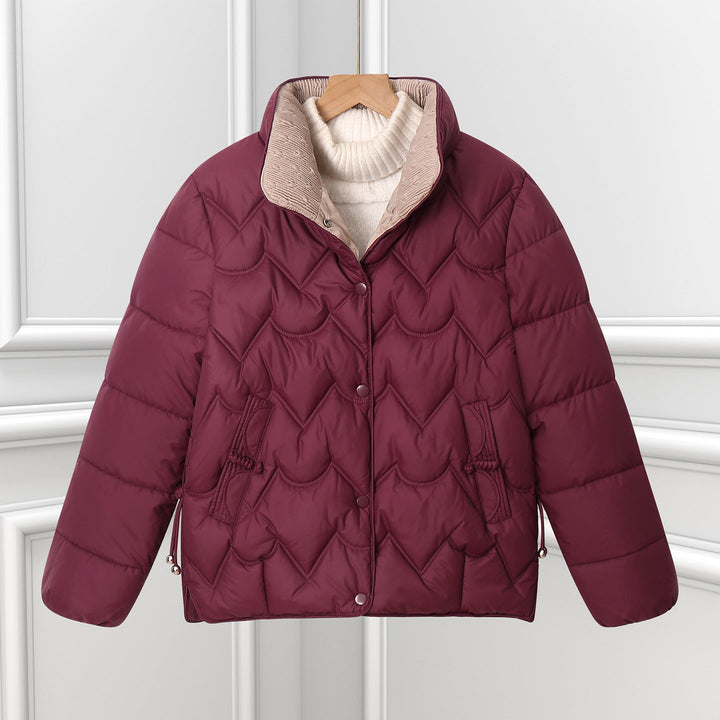 Women's Short Quilted Jacket with Arc Design and Snap Closure