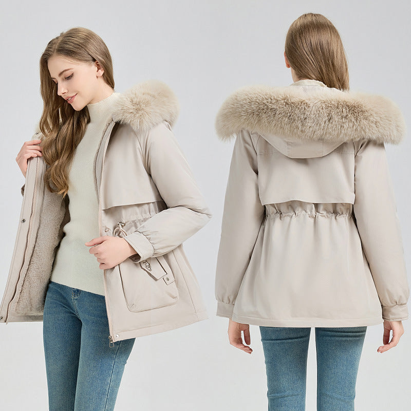 Women's Short Coat with Faux Fur Hood and Adjustable Drawstring