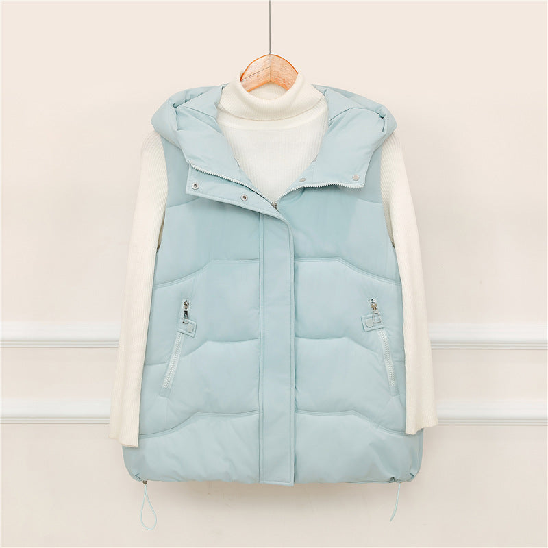 Women's Hooded Padded Vest with Drawstring and Zipper Pockets