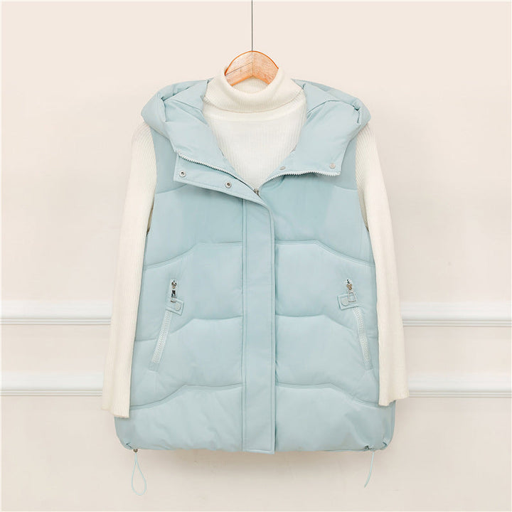 Women's Hooded Padded Vest with Drawstring and Zipper Pockets