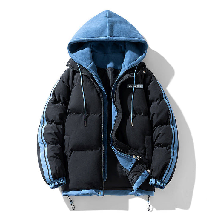Men's Padded Parka with Hoodie and Dual Zipper Closure