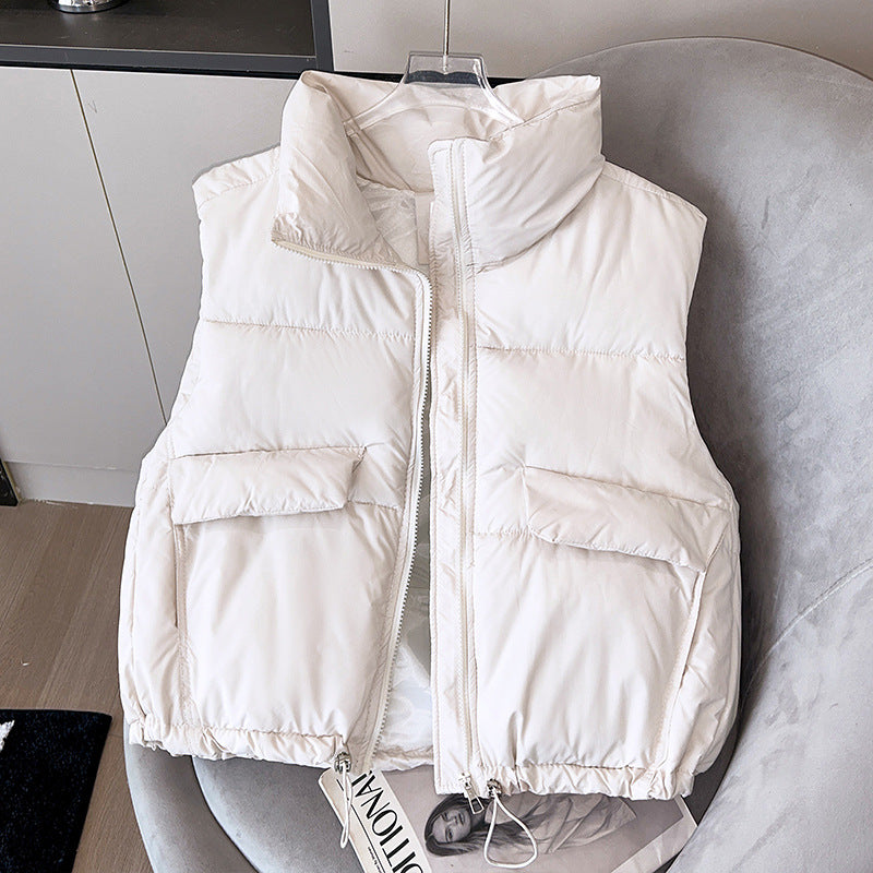 Women's Insulated Padded Gilet with Stand-Up Collar and Drawstring Hem