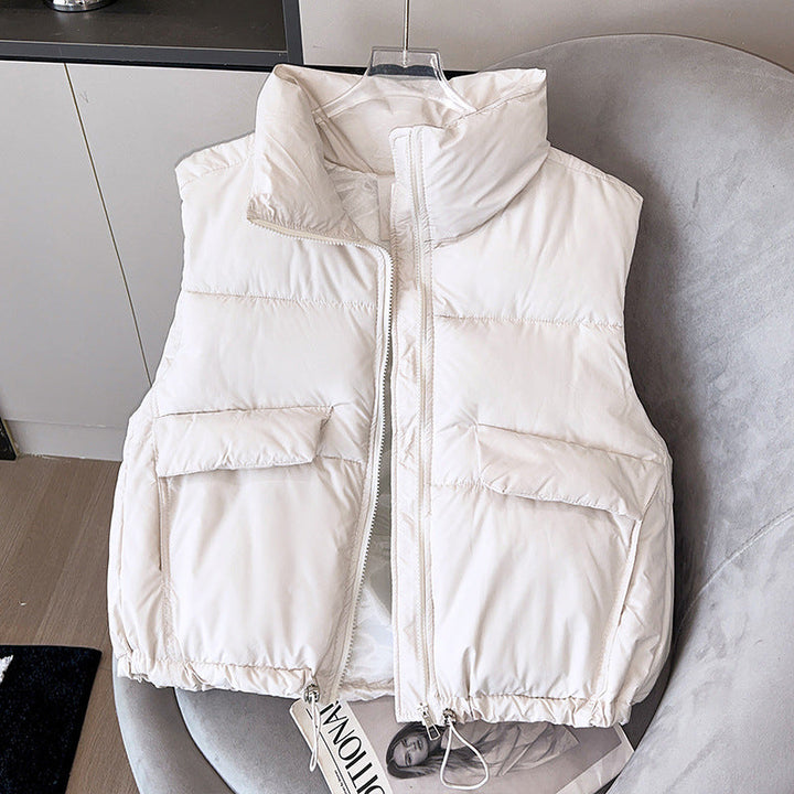 Women's Insulated Padded Gilet with Stand-Up Collar and Drawstring Hem