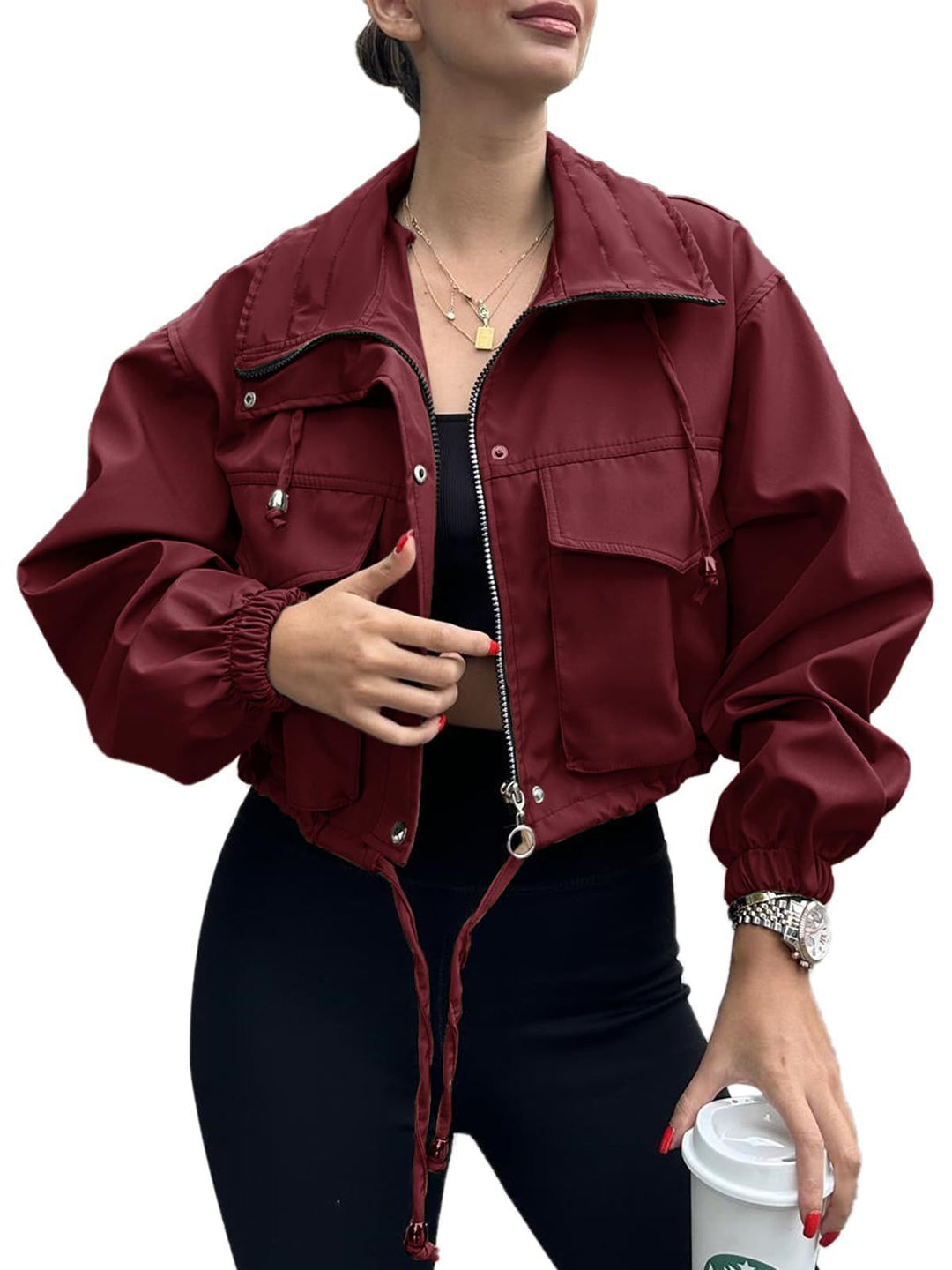 Women's Short Jacket with Drawstring and Elastic Sleeves