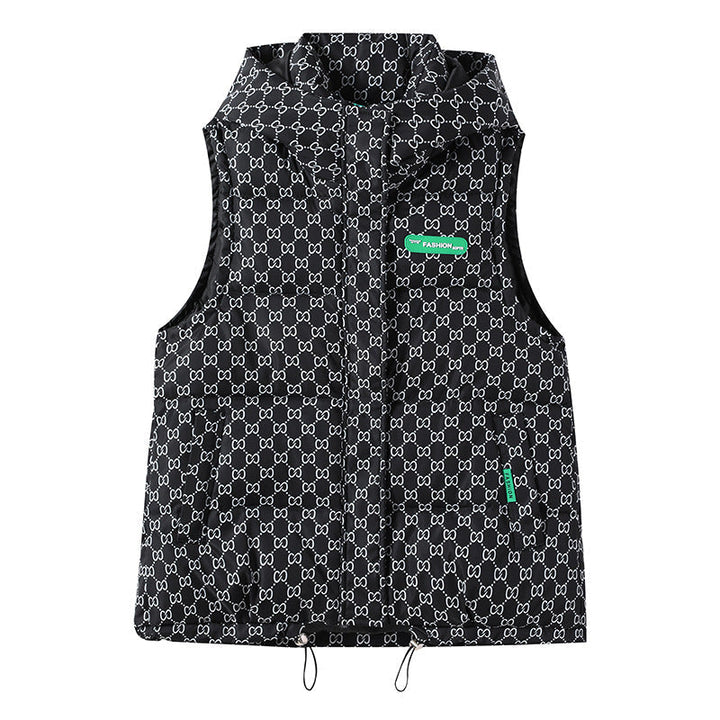 Women's Quilted Hooded Vest with Logo Print and Adjustable Hem
