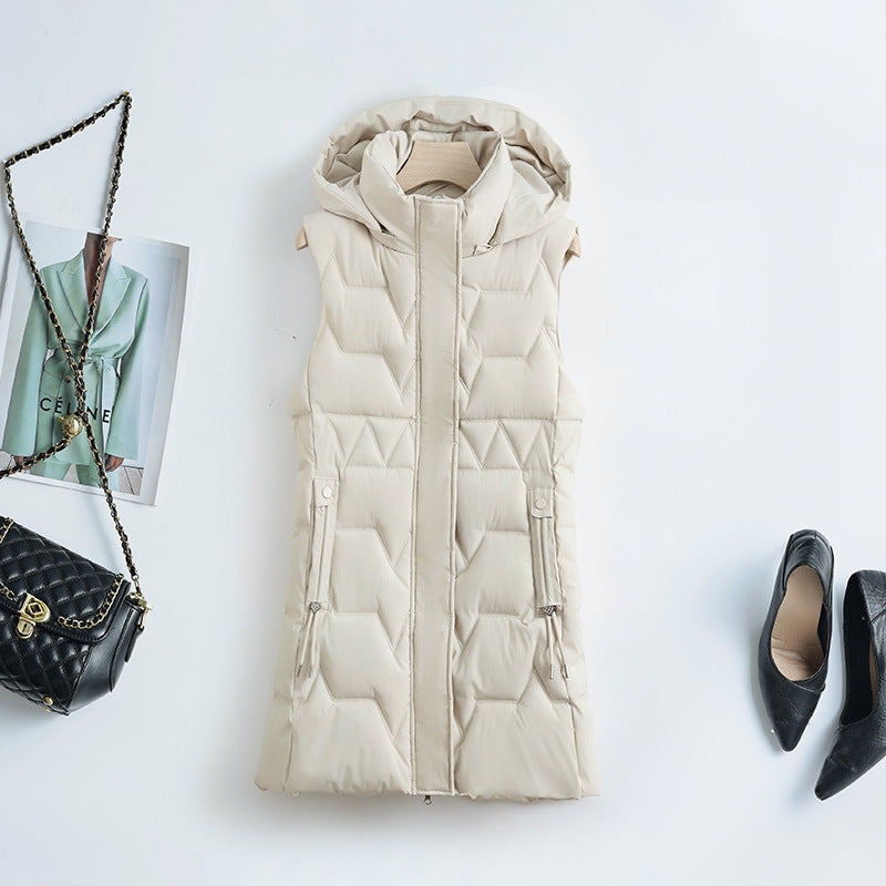 Women's Hooded Long Quilted Vest with Adjustable Drawstrings