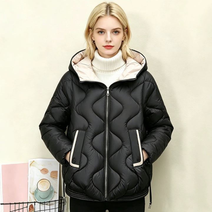 Women's Padded Short Jacket with Heart Quilting and Hood