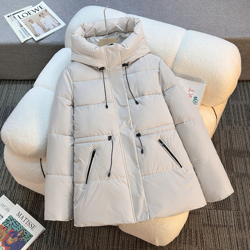 Women's Short Padded Hooded Jacket with Stand-Up Collar and Drawstring