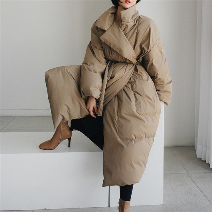 Women's Maxi Quilted Coat with Stand-Up Collar and Windproof Padding