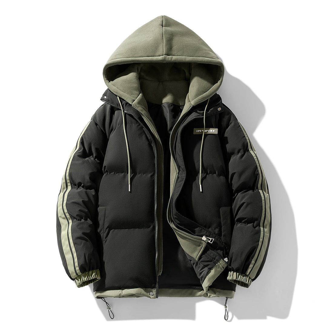 Men's Padded Parka with Hoodie and Dual Zipper Closure