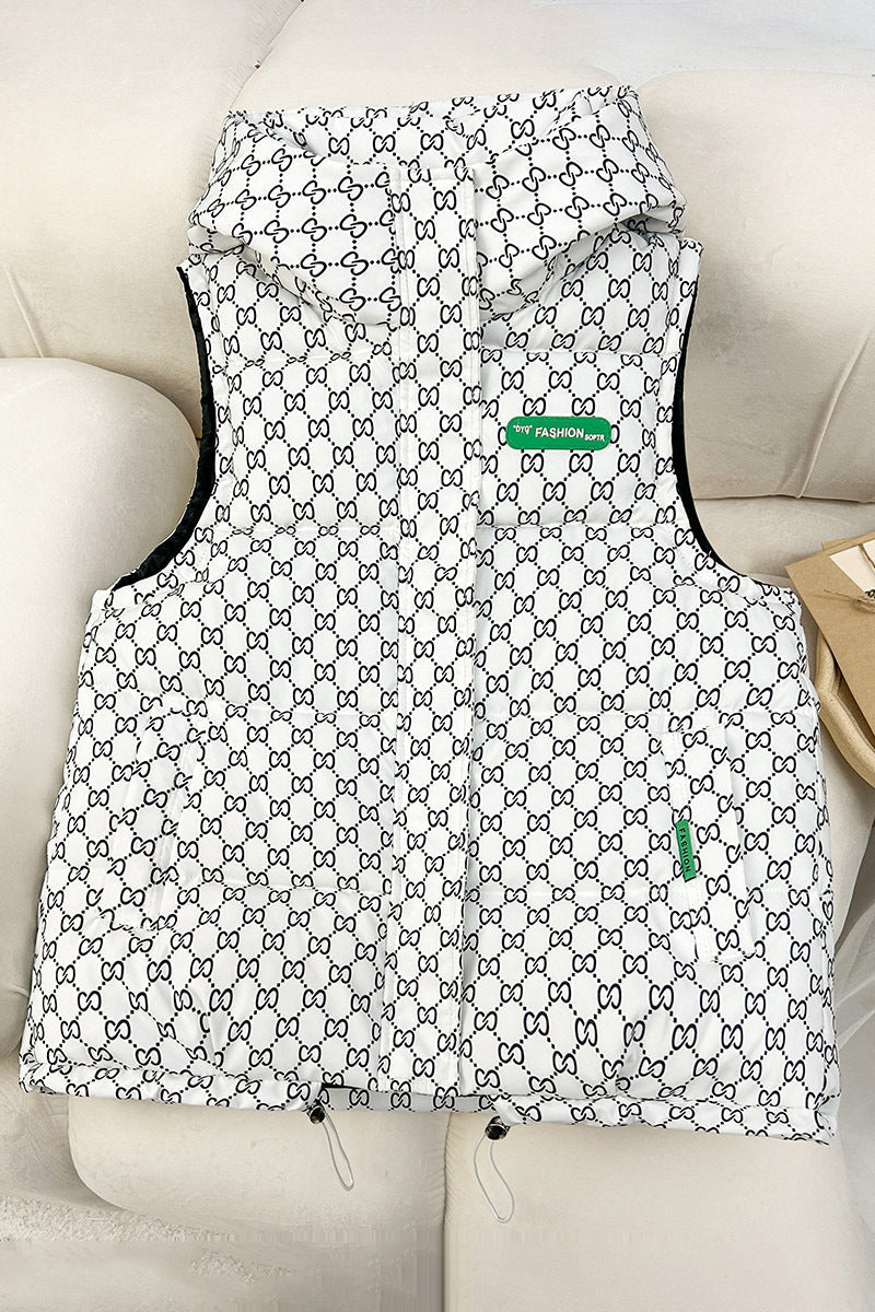 Women's Quilted Hooded Vest with Logo Print and Adjustable Hem
