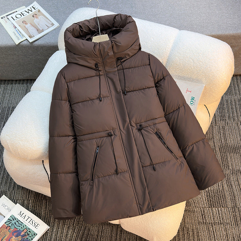 Women's Short Padded Hooded Jacket with Stand-Up Collar and Drawstring