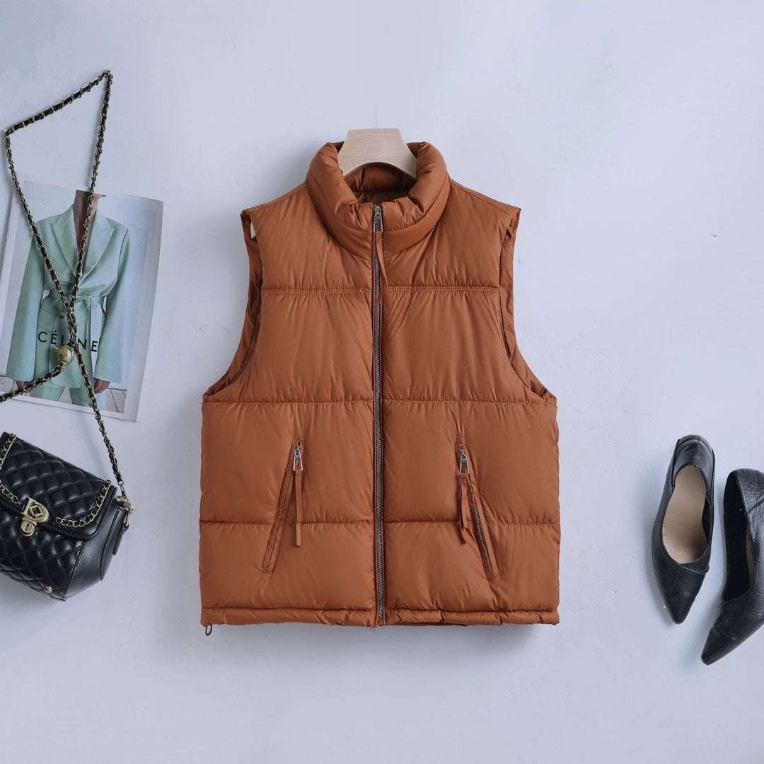 Women's Padded Quilted Vest with Stand Collar and Two-Way Zipper