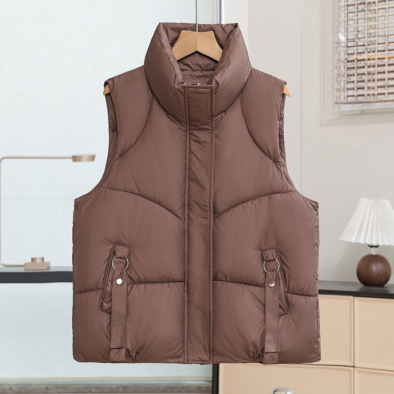 Women's Quilted Padded Vest with Stand Collar and Decorative Details
