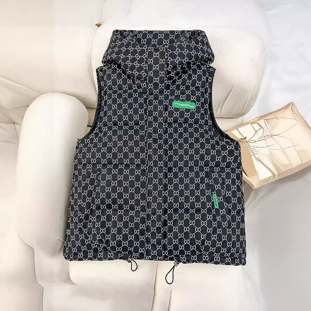 Women's Quilted Hooded Vest with Logo Print and Adjustable Hem