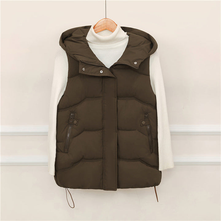Women's Hooded Padded Vest with Drawstring and Zipper Pockets