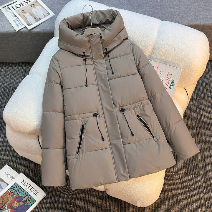 Women's Short Padded Hooded Jacket with Stand-Up Collar and Drawstring