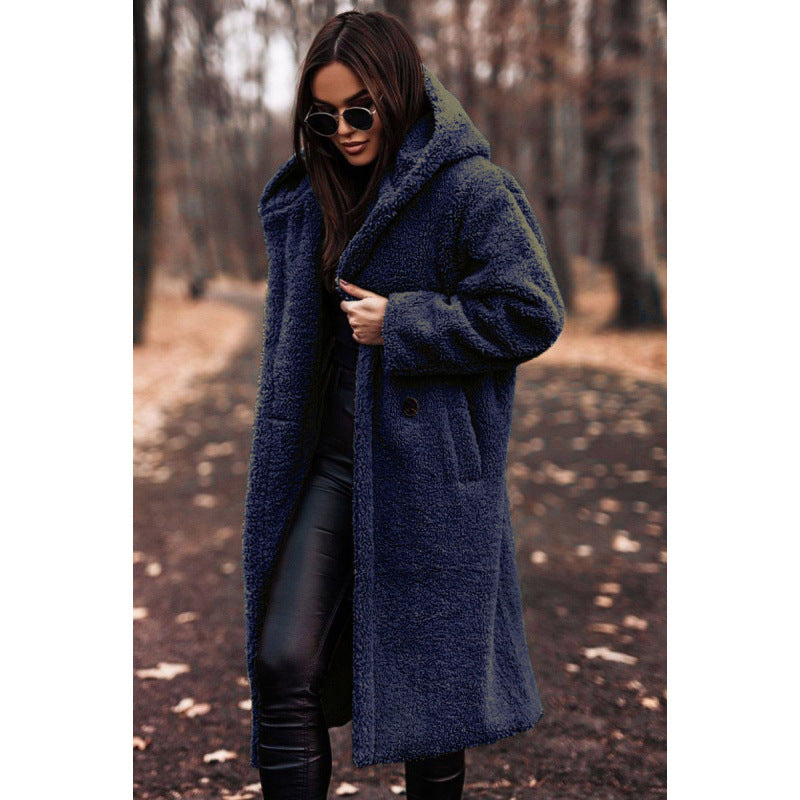 Women's Hooded Teddy Coat with Oversized Buttons