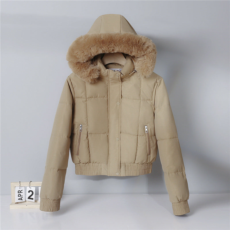 Women's Short Padded Hooded Jacket with Faux Fur Trim