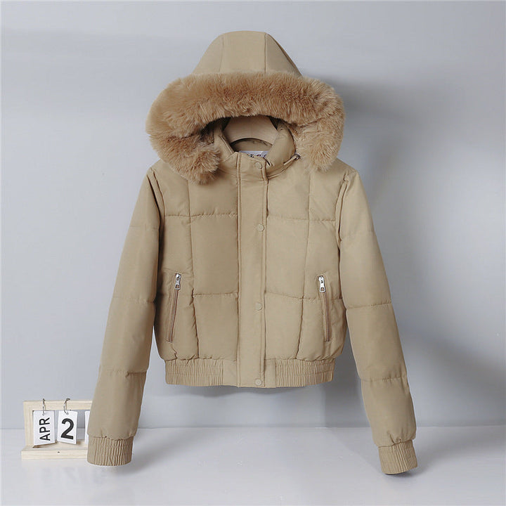 Women's Short Padded Hooded Jacket with Faux Fur Trim