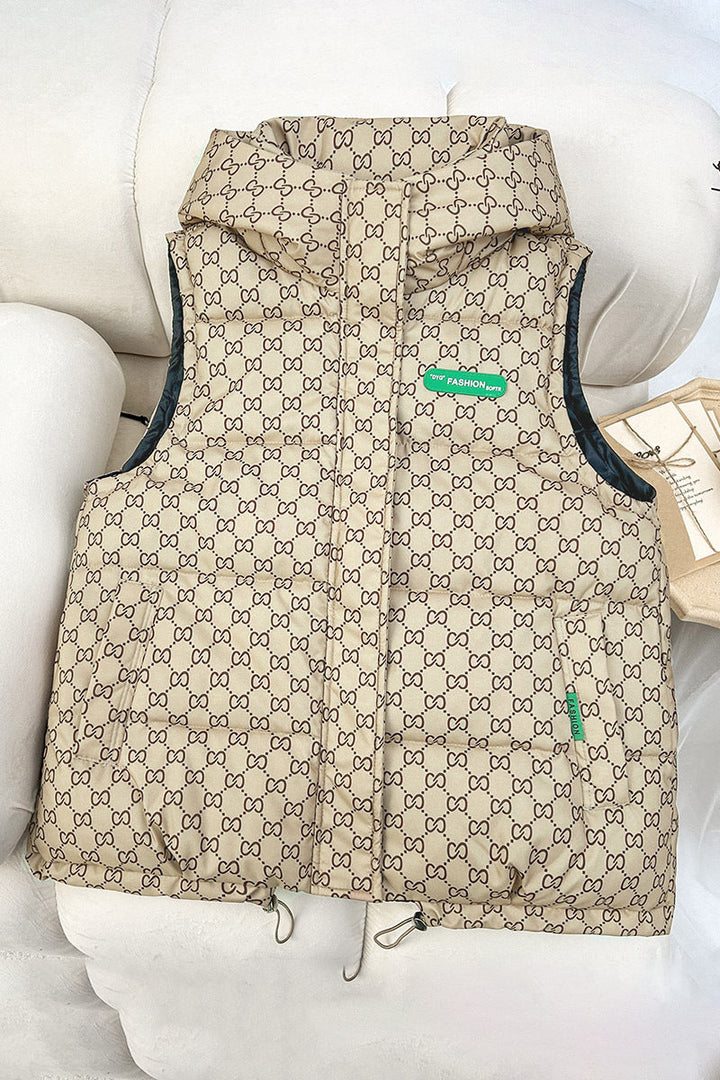 Women's Quilted Hooded Vest with Logo Print and Adjustable Hem