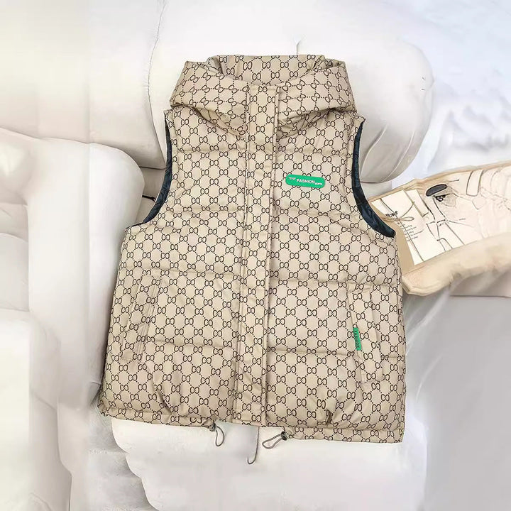 Women's Quilted Hooded Vest with Logo Print and Adjustable Hem