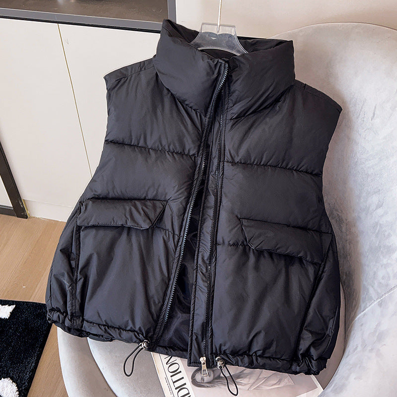 Women's Insulated Padded Gilet with Stand-Up Collar and Drawstring Hem