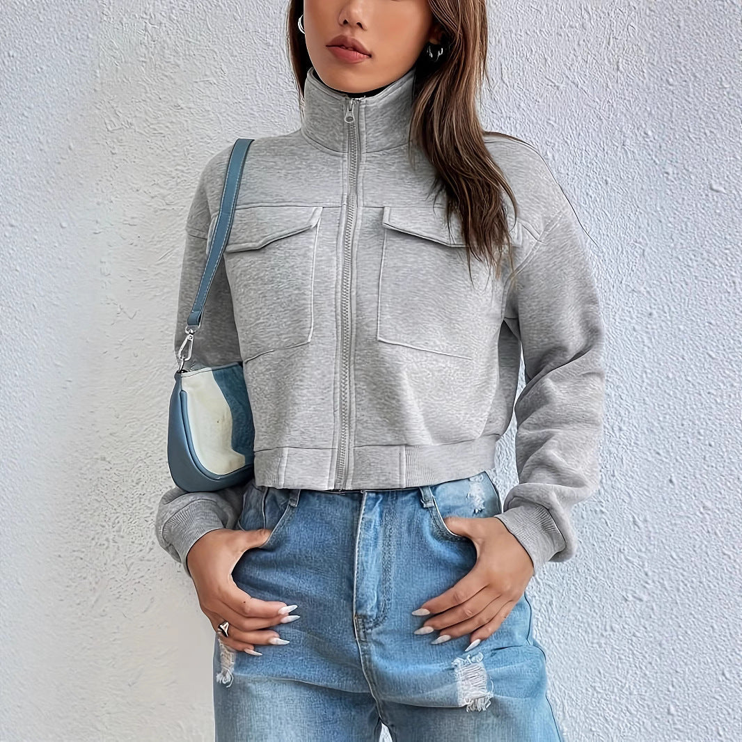 Women's Cropped Leisure Jacket with Pockets and Zipper Closure