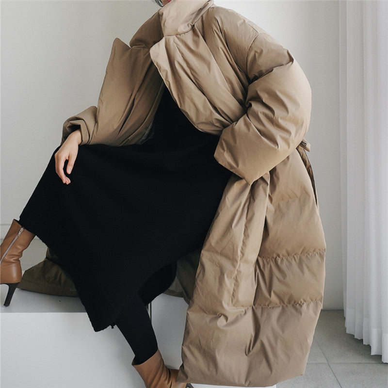Women's Maxi Quilted Coat with Stand-Up Collar and Windproof Padding