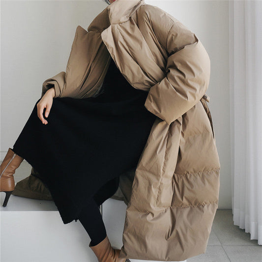Women's Maxi Quilted Coat with Stand Collar and Tie Belt