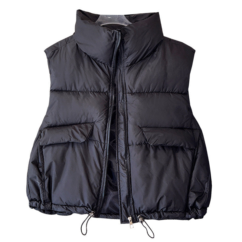 Women's Insulated Padded Gilet with Stand-Up Collar and Drawstring Hem