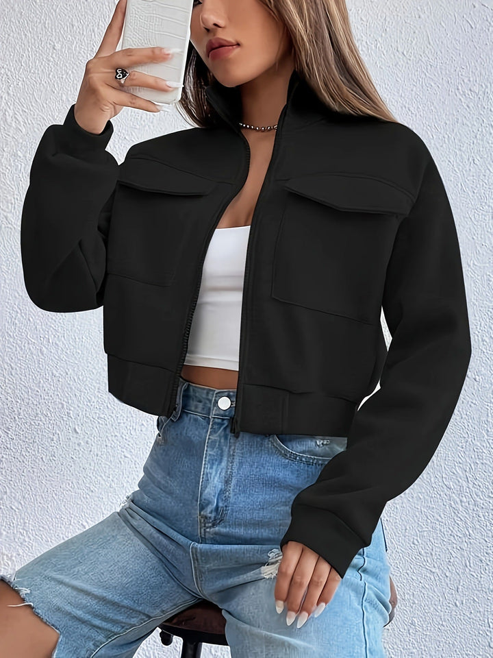 Women's Cropped Leisure Jacket with Pockets and Zipper Closure