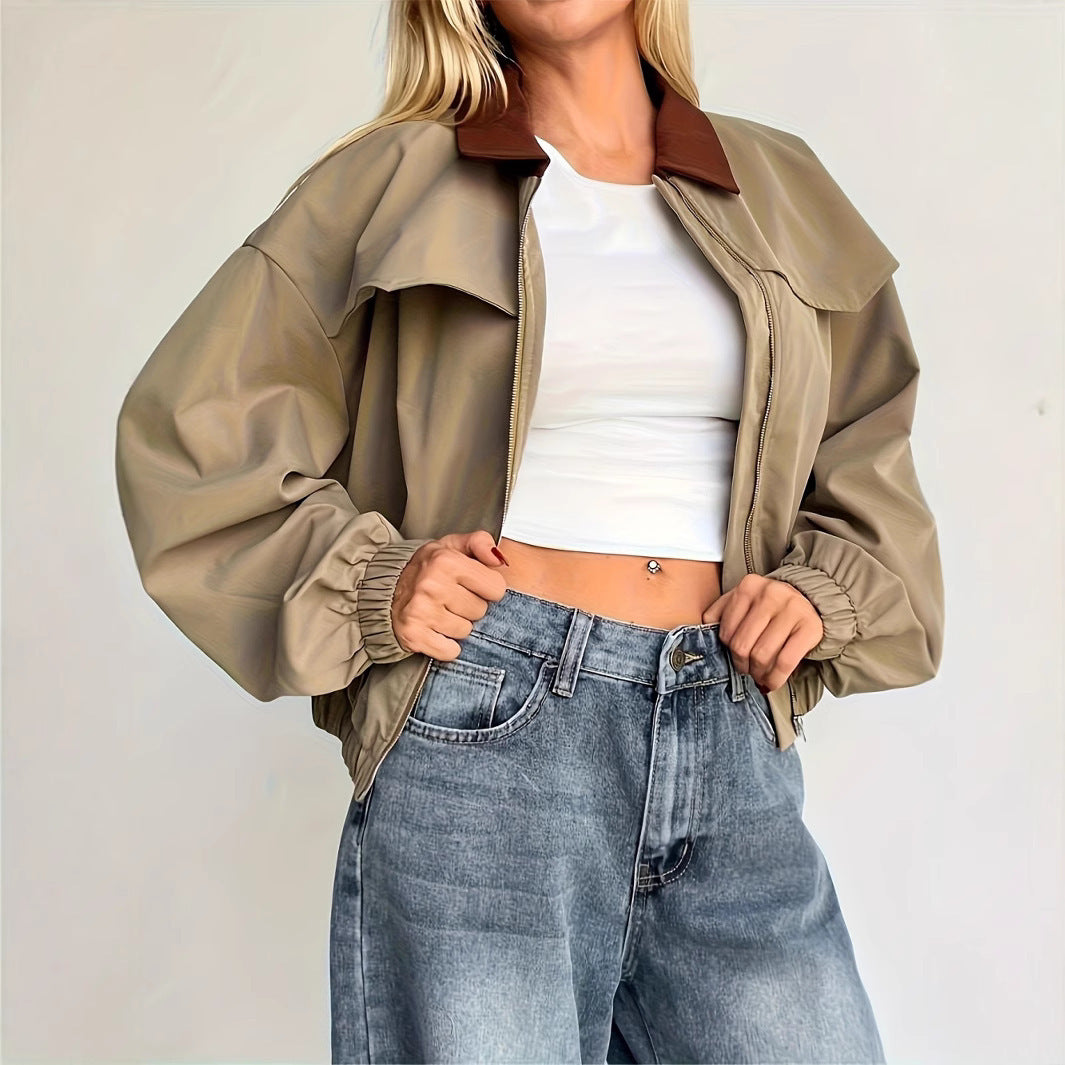 Women's Stylish Bomber Jacket with Collar and Ribbed Cuffs