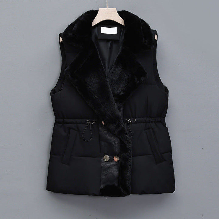 Women's Quilted Vest with Faux Fur Collar and Adjustable Drawstring