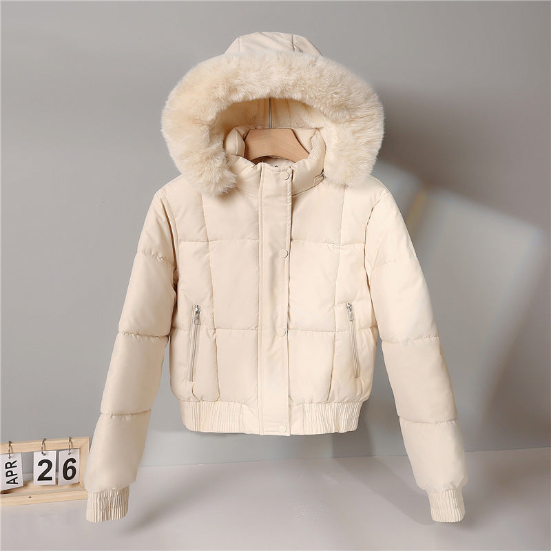Women's Short Padded Hooded Jacket with Faux Fur Trim