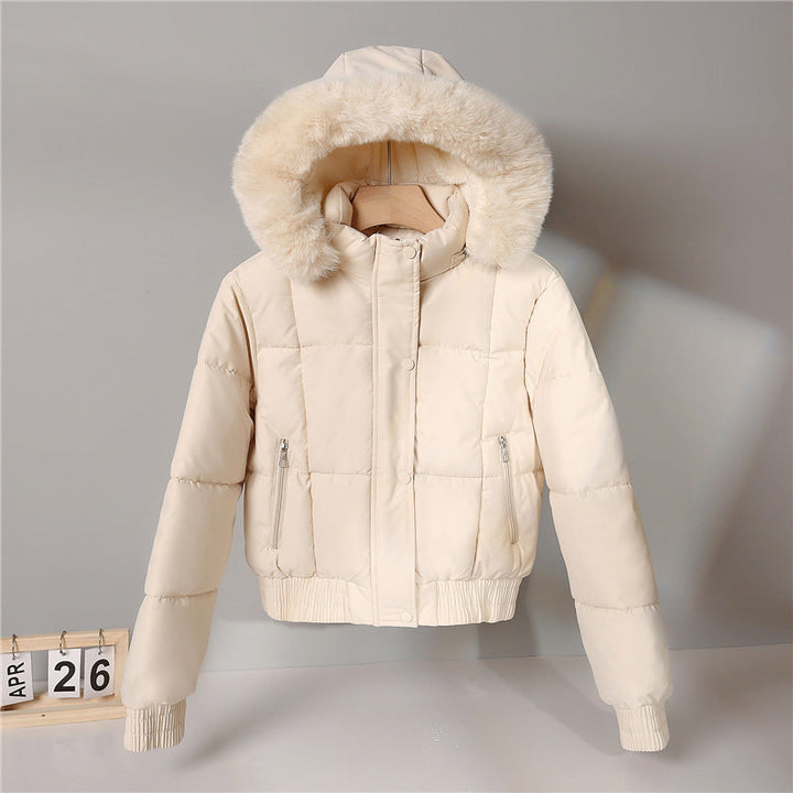 Women's Short Padded Hooded Jacket with Faux Fur Trim