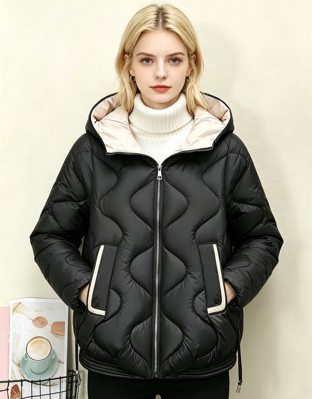 Women's Padded Short Jacket with Heart Quilting and Hood