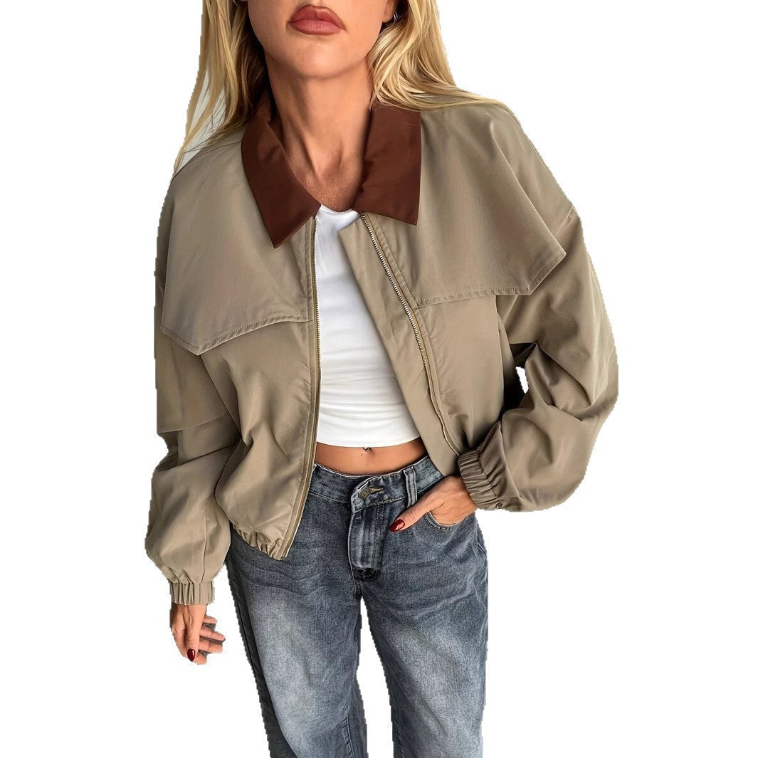Women's Stylish Bomber Jacket with Collar and Ribbed Cuffs