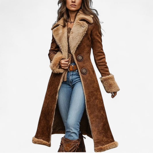 Women's Suede-Look Long Coat with Faux Fur Lining and Flared Cut