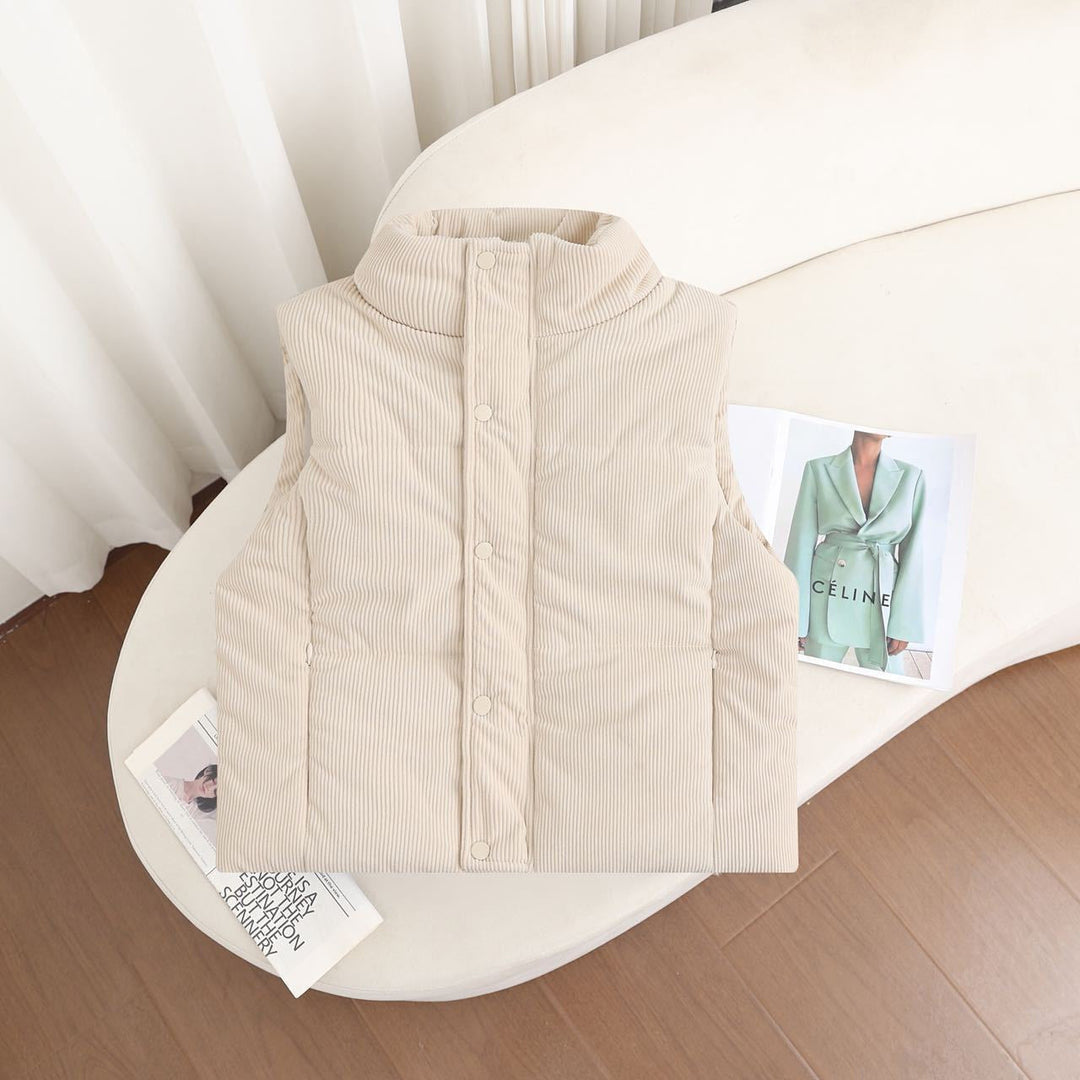 Women's Short Padded Quilted Vest with Stand-Up Collar and Snap Closure